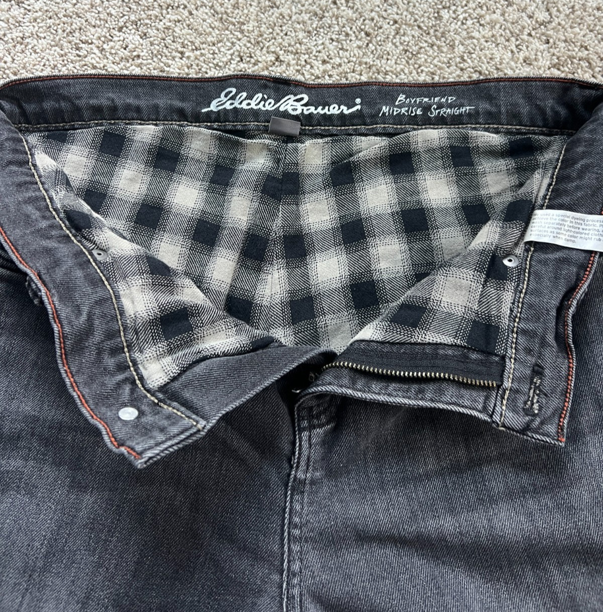 Flannel-lined, boyfriend, midrise, straight Eddie Bauer jeans, Size 8