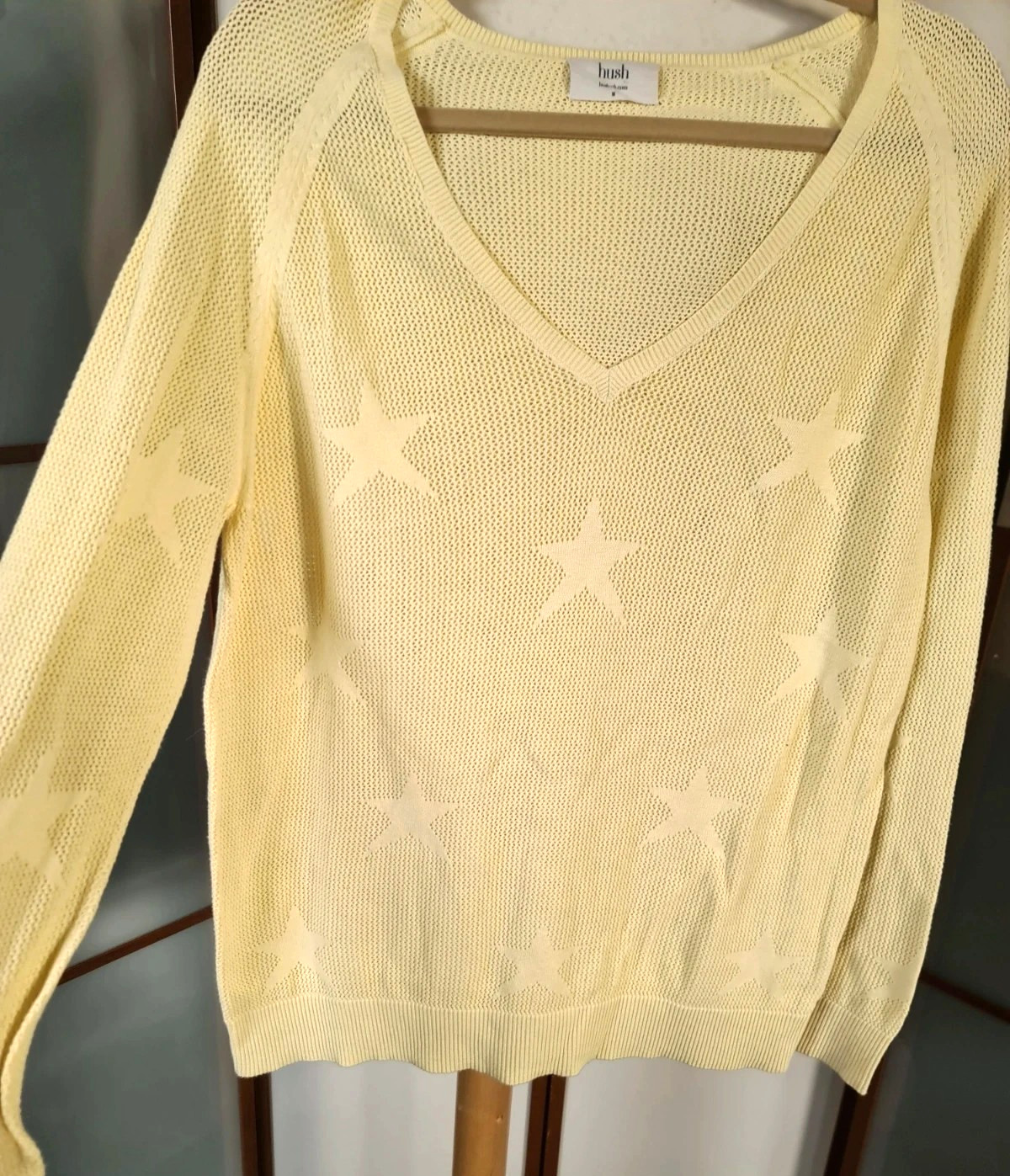 Hush Lemon Yellow Cotton Star Jumper Mesh M Luxury Bright Fun Layers Knitwear