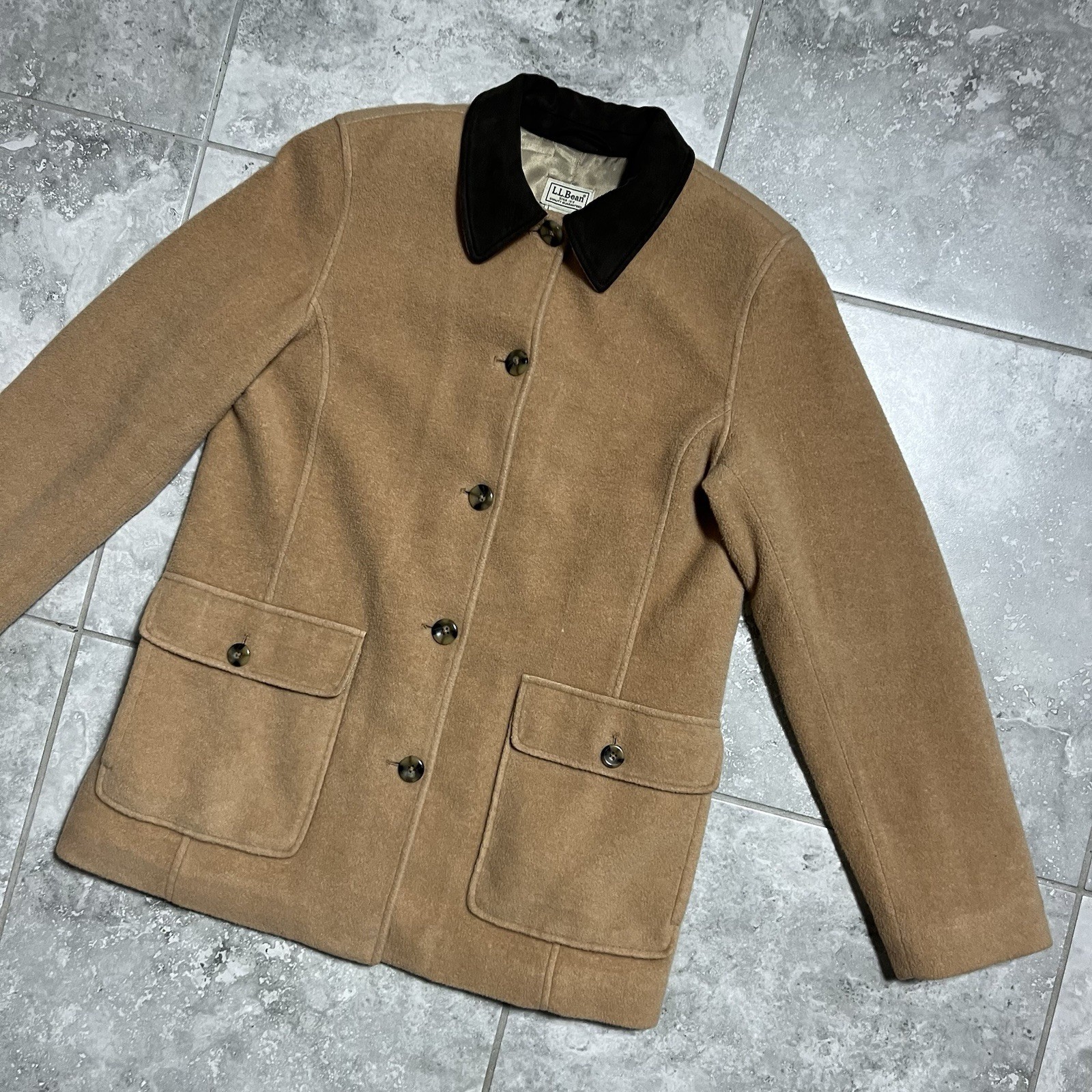 LL Bean Vtg Wool Blend Button Barn Coat Jacket Camel Tan 90s Womens S