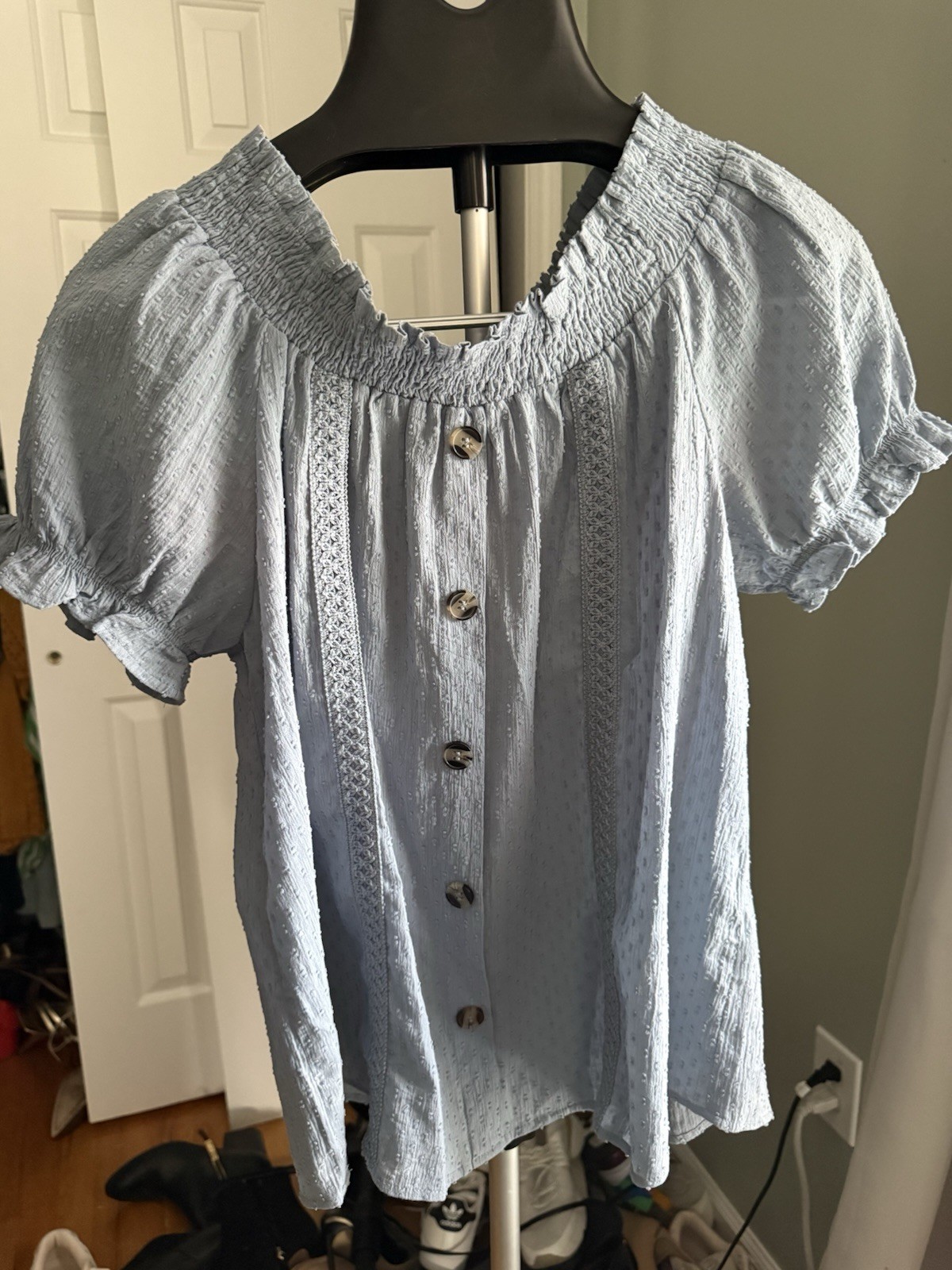 Cottagecore Peasant Boho E & M Woman’s Smocked Neck Blouse Light Blue Size L