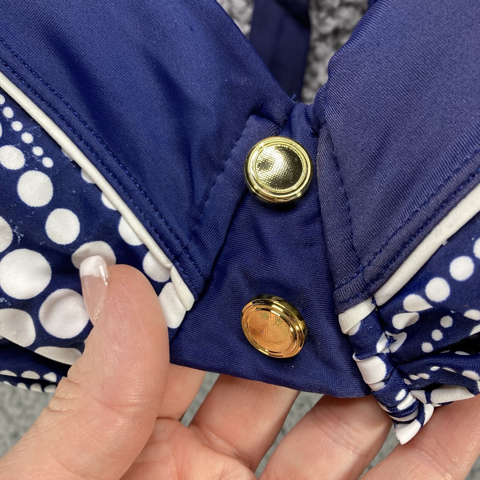 Catalina Nautical Retro Navy Gold Button Pin Up Stripe Bikini Top Women L 36C 38