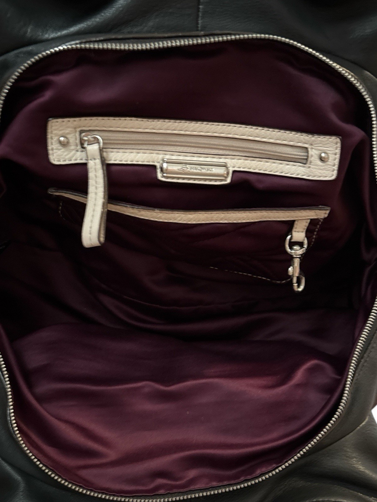 B. Makowsky Slouchy Pebbled Black Leather Satchel Bag W/Burgundy Lining
