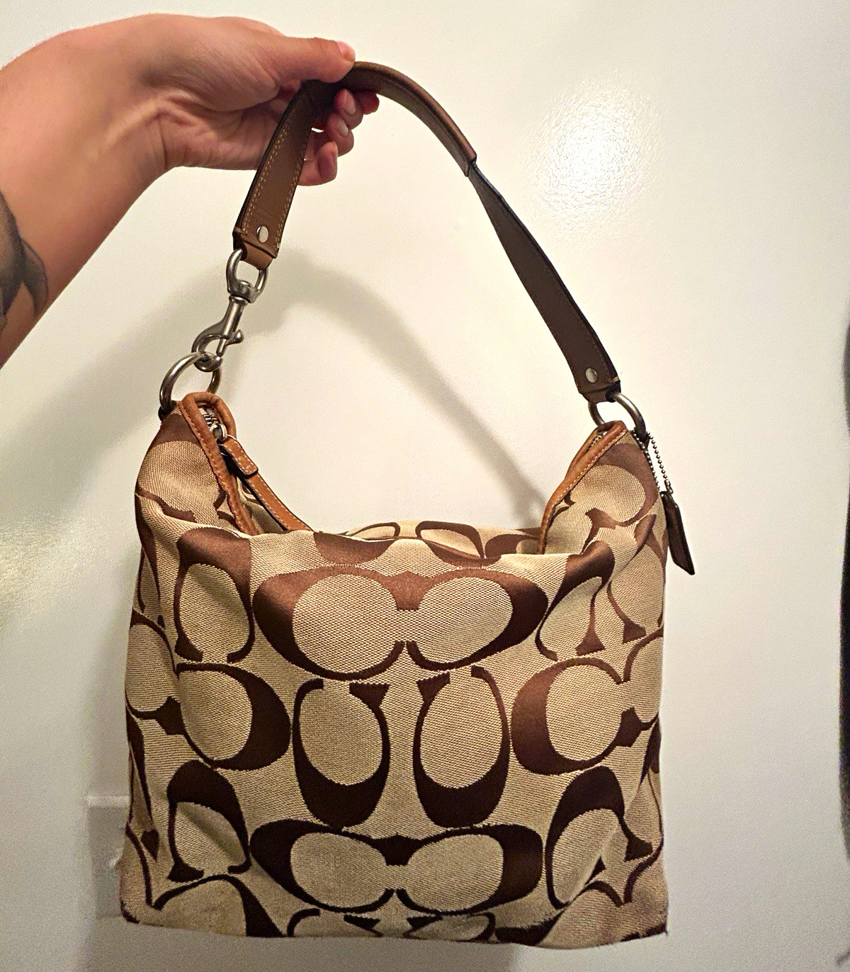 Coach Signature Logo Brown/Beige Large Hobo Shoulder Bag
