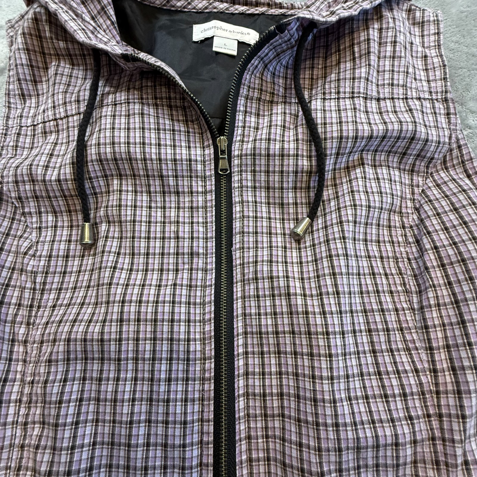 Christopher & Banks Womens Purple Plaid Hooded Zip Up Vest Large L Pocketed