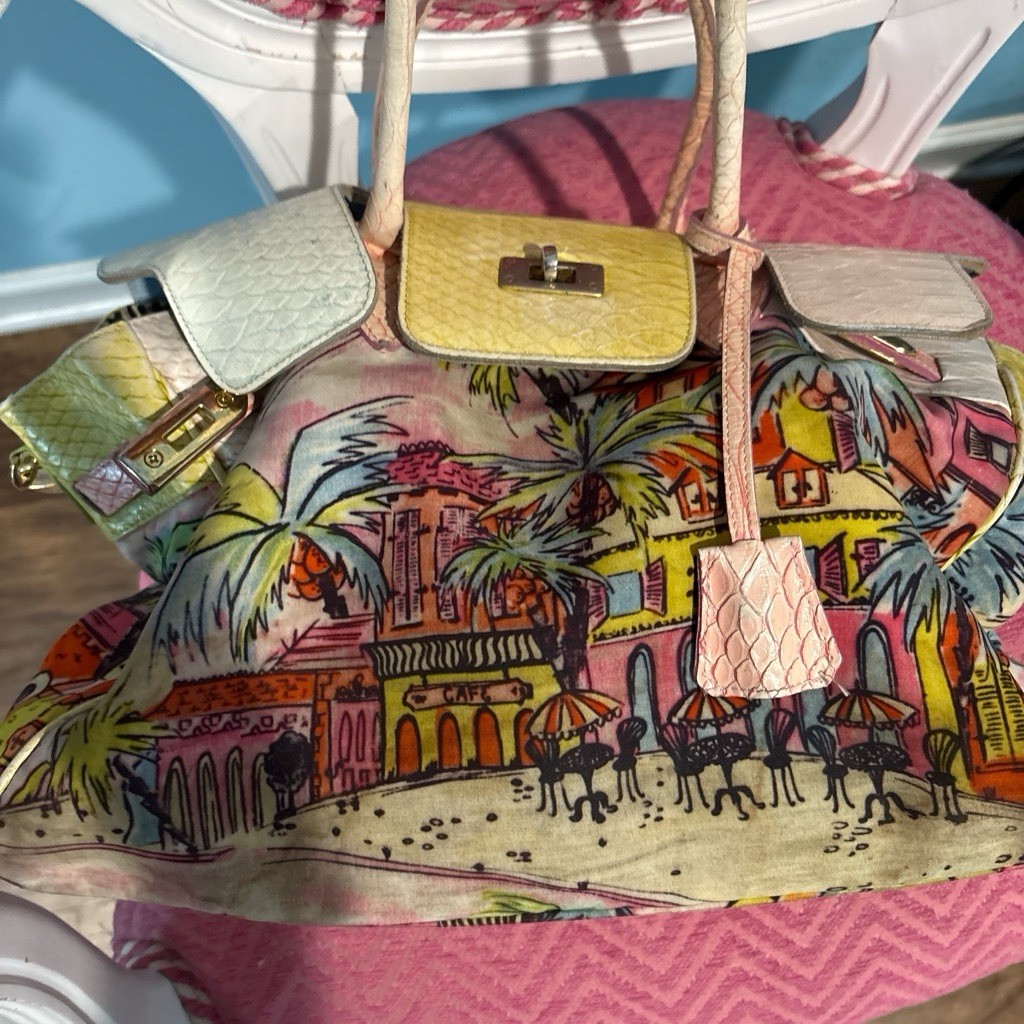 Multicolor Satchel Top Handle Bag Turn Lock Zip Striped Lining Gold Hardware