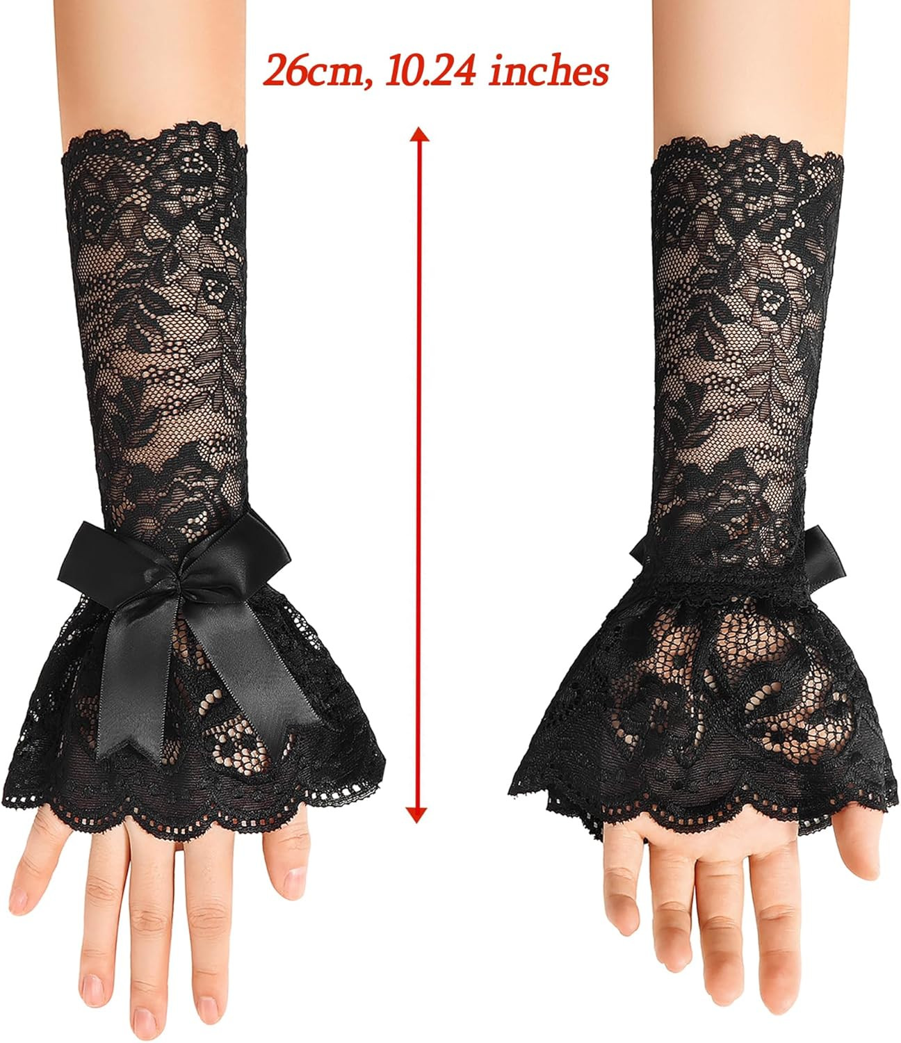Women Ruffle Bow Lace Gloves Fingerless Mid Elbow Sleeve Costume Wedding Opera T