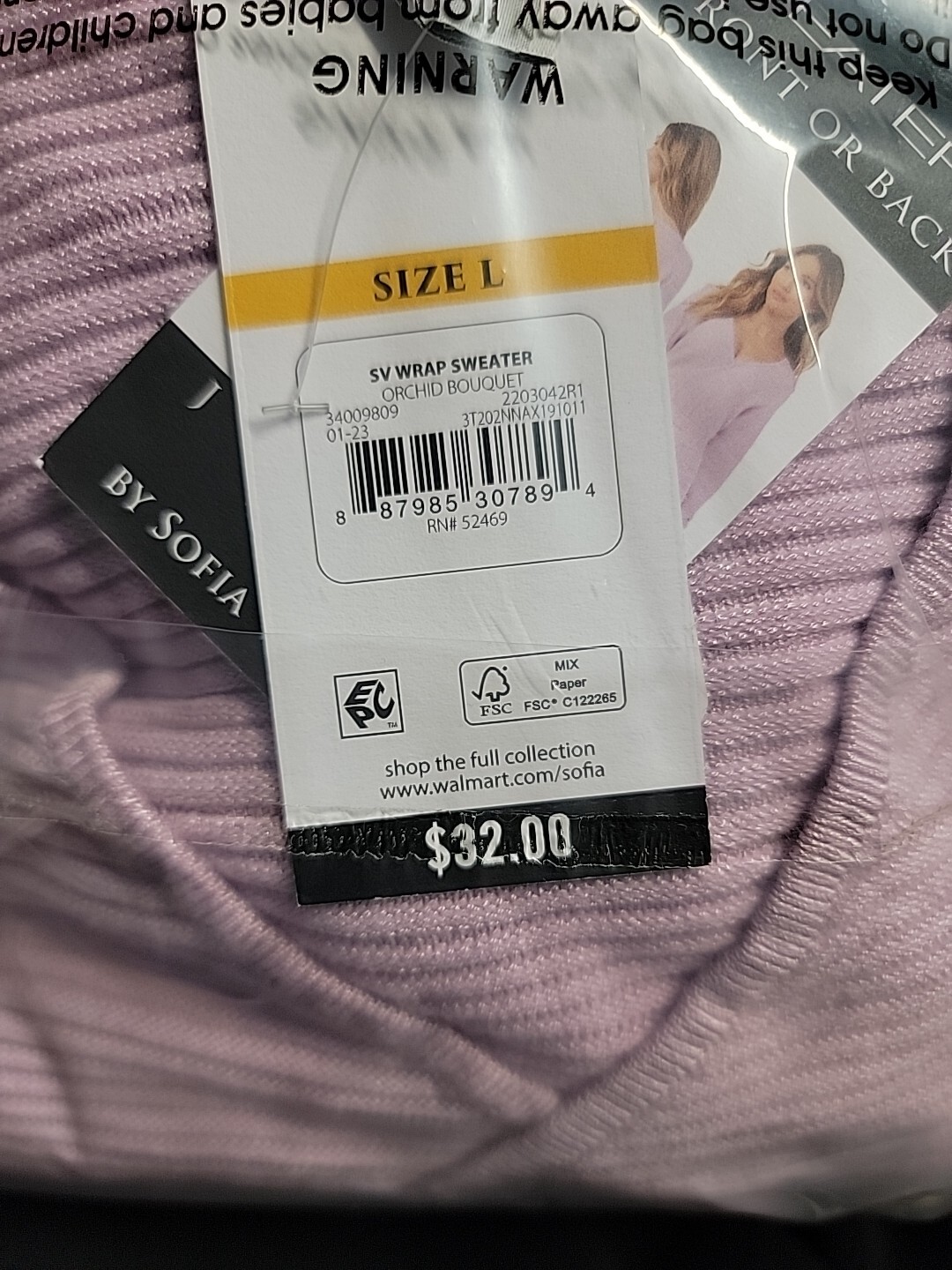 Sofia Jeans by Sophia Vergara Ribbed Wrap Sweater, Women’s Size L Orchid Bouquet