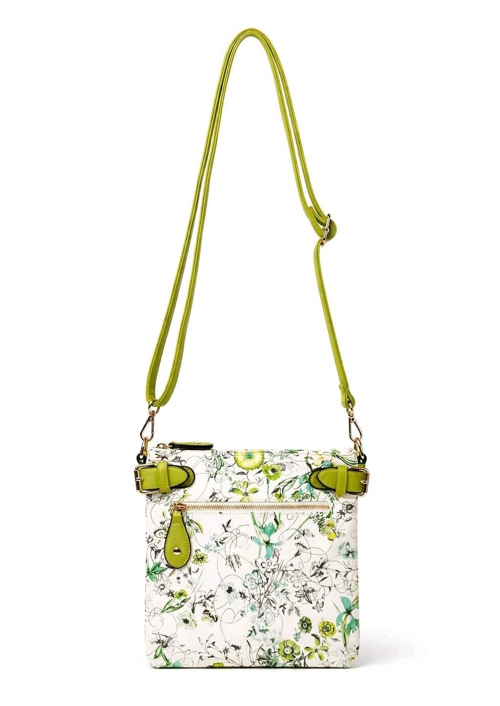Lime Green Floral Bloom Crossbody Vegan PU Leather Bag – Multi Pocket