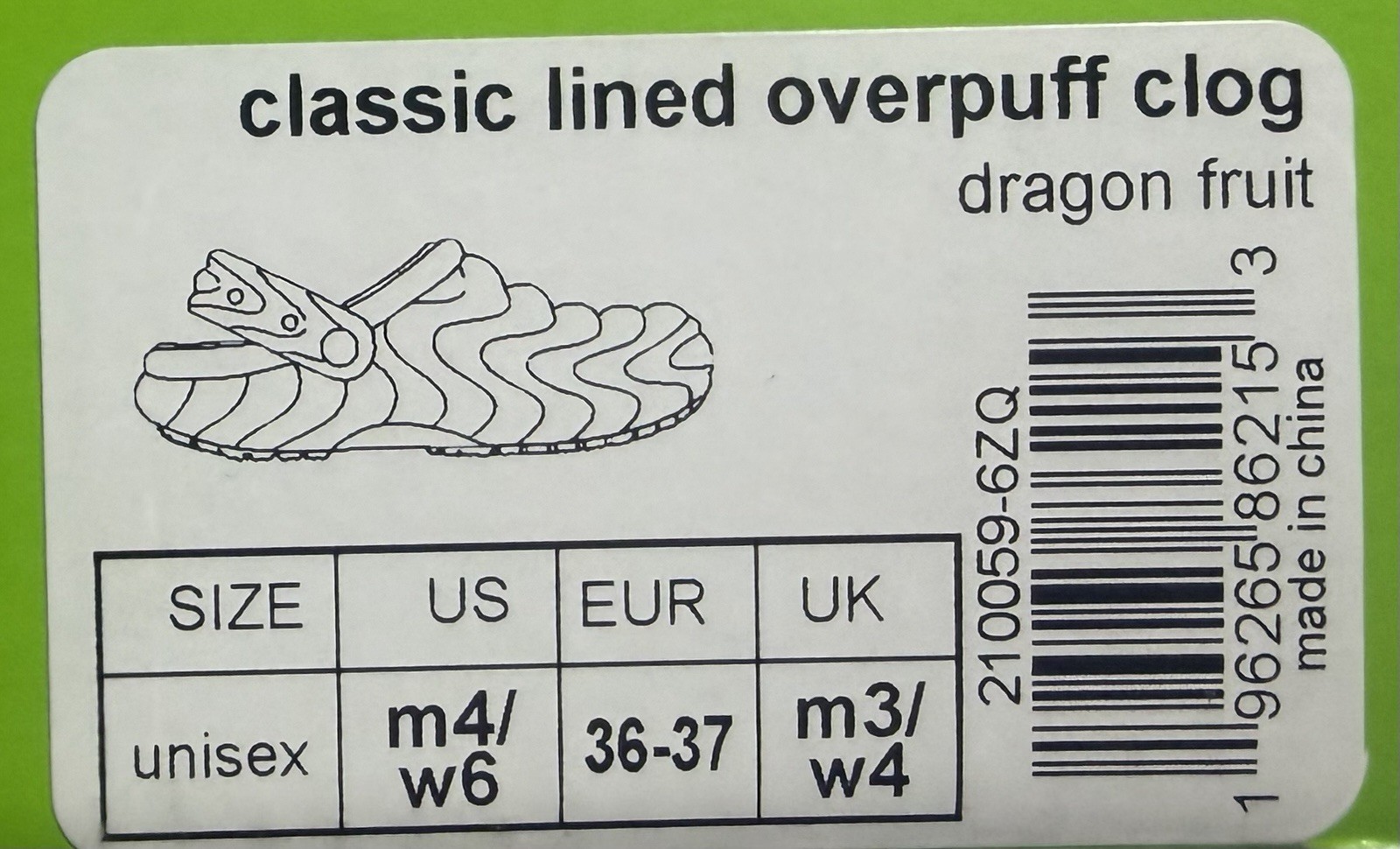 CROCS Classic Lined Overpuff Clog Slip On Dragonfruit Pink 210059 UNISEX W6/M4