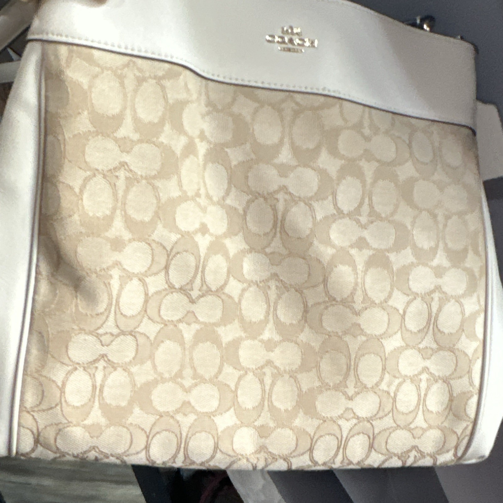 Coach Signature Logo Ivory/Beige Shoulder Bag Gold Hardware Zip w/ Bag Charm