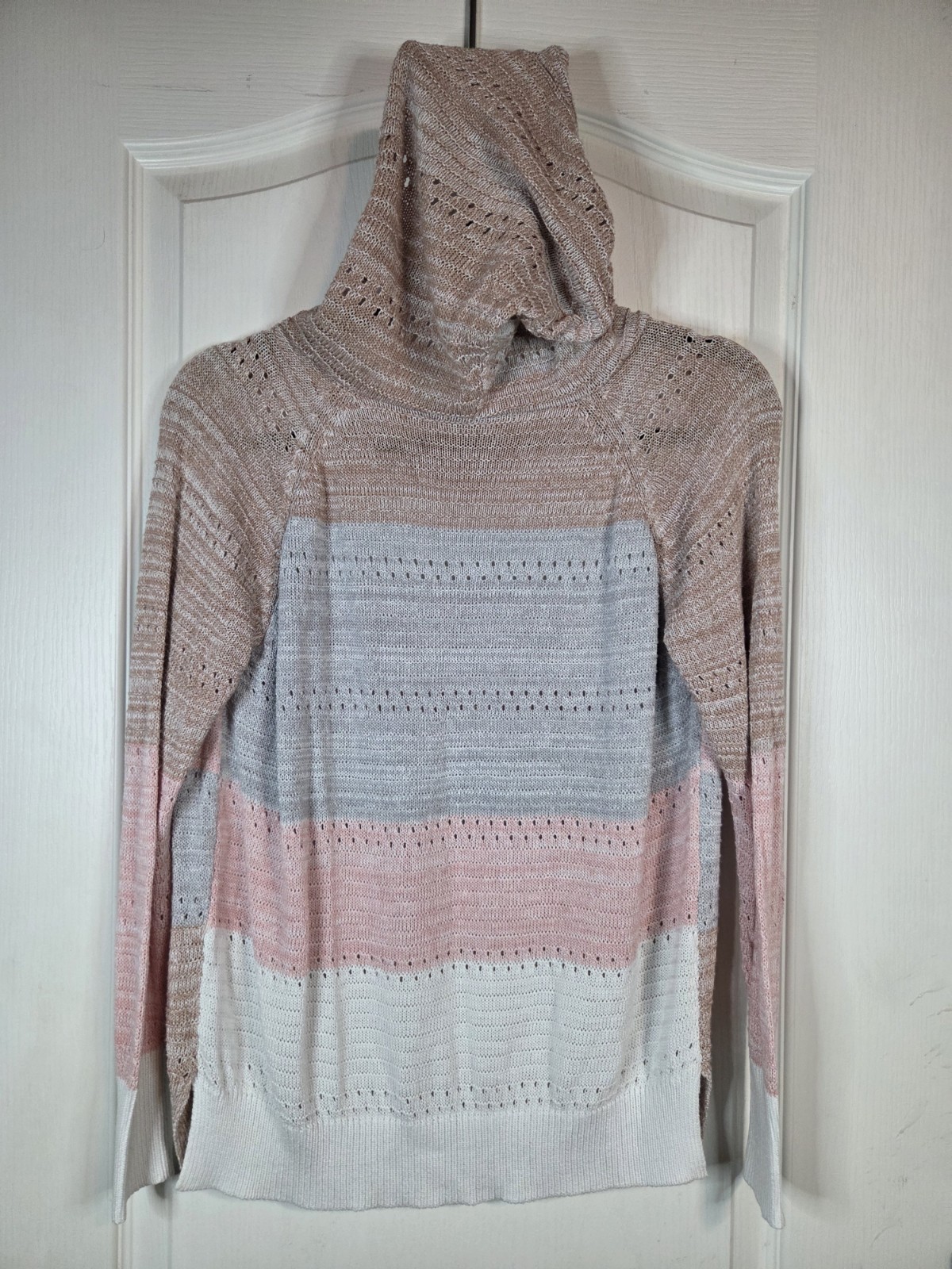 White Pink Gray Tan Striped Lightweight Hoodie Sweater Size XS-S