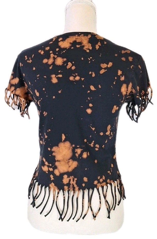 ON FIRE SzM Custom Reverse Bleach Tie-Dye Fringed Trim Casual Top Black & Brown