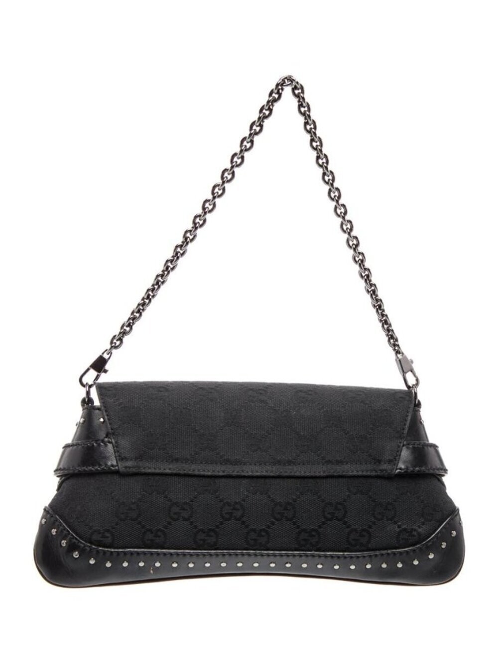 Gucci GG Canvas Horsebit Chain Small Black Shoulder Bag Silver Studded, LUX