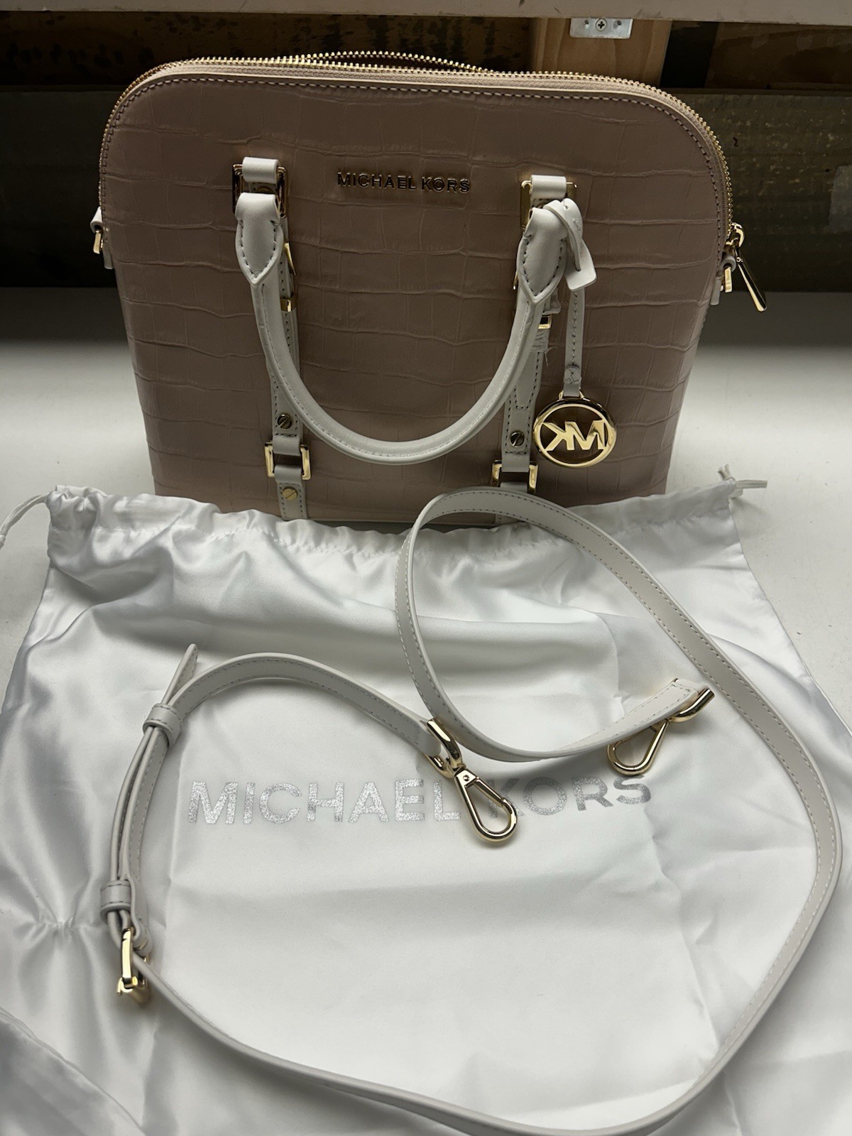 Michael Kors Beige/White Crocodile Embossed Satchel Zip Gold Hardware Strap