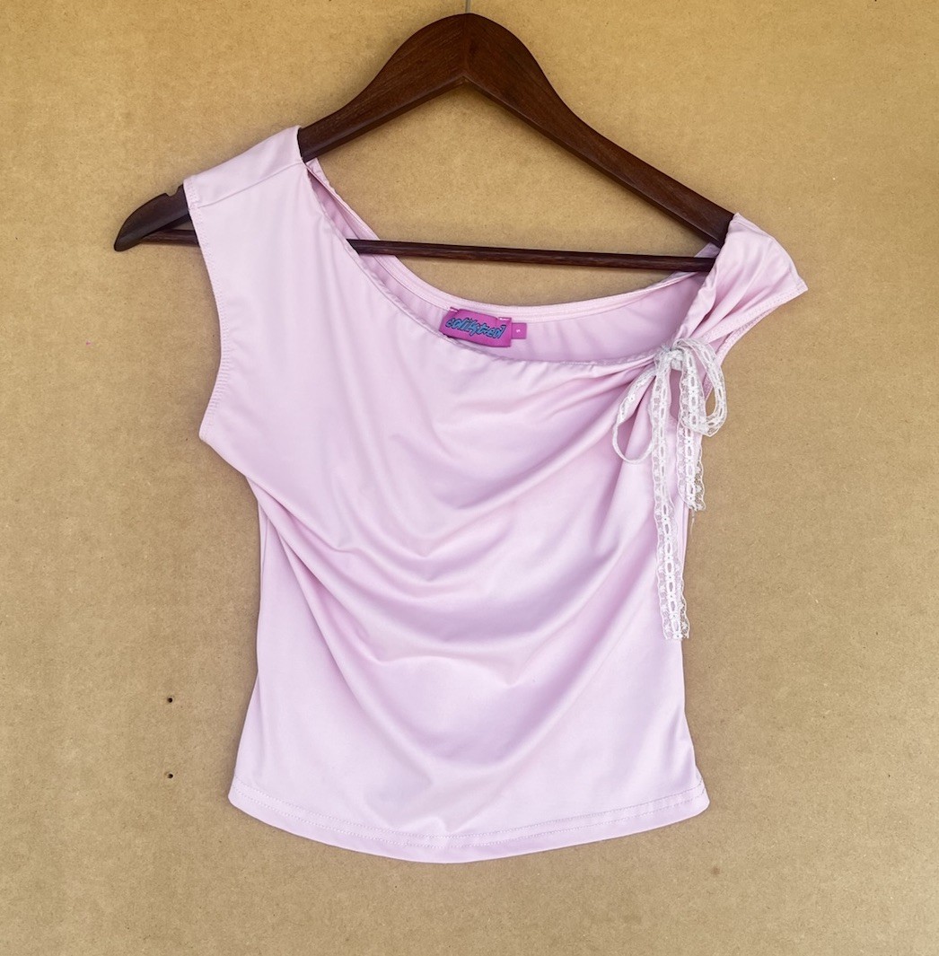 Edikted Pink Lace Bow Asymmetric Top Off Shoulder Drape Cami Small Coquette Y2K