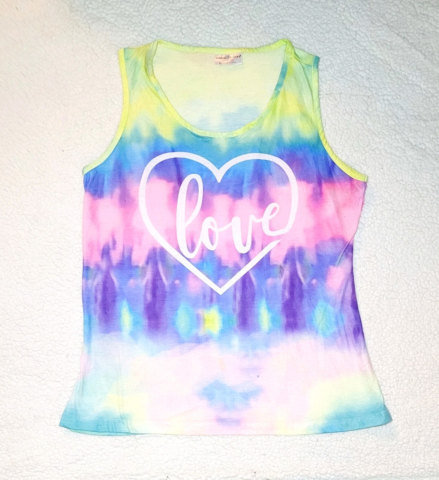 Womens Bobbie Brooks Pastel Rainbow Tie Dye Love Racerback Tank Top Size 1X