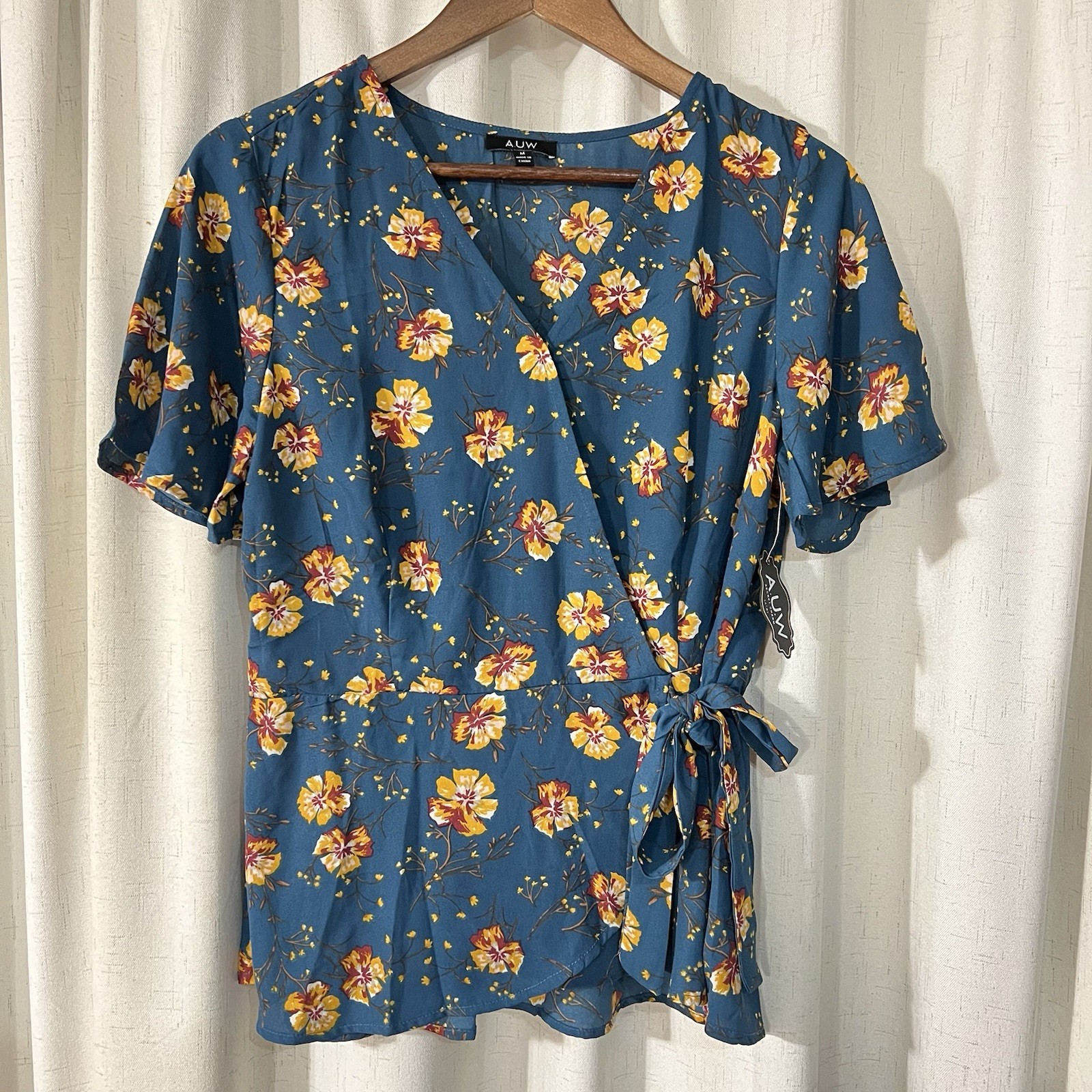 A.U.W Peplum Ruched Floral Top Blue V Neck Tie Waist Blouse Size M