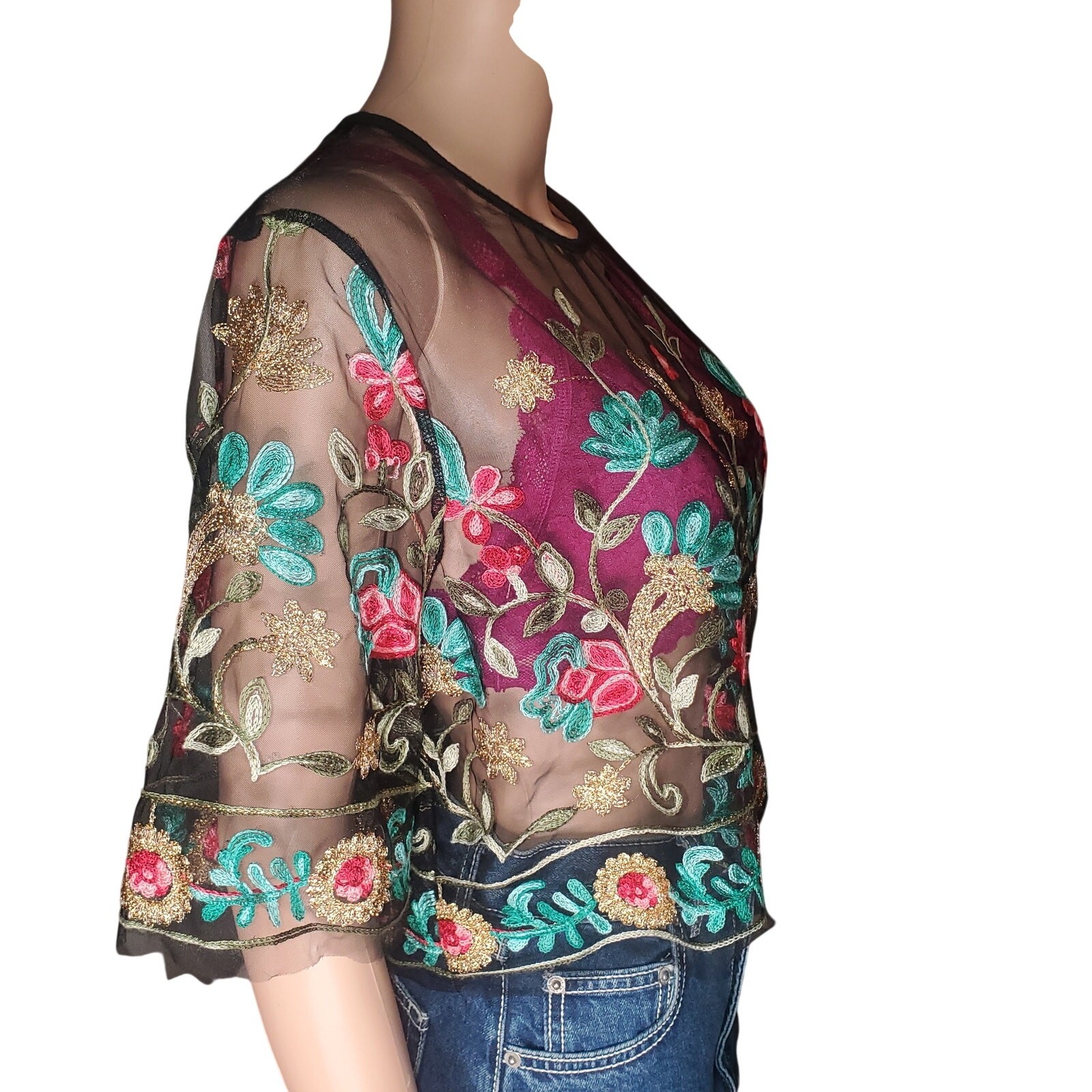 SHEIN Sheer Floral Embroidered Mesh Top US 12 US L Boho Festival