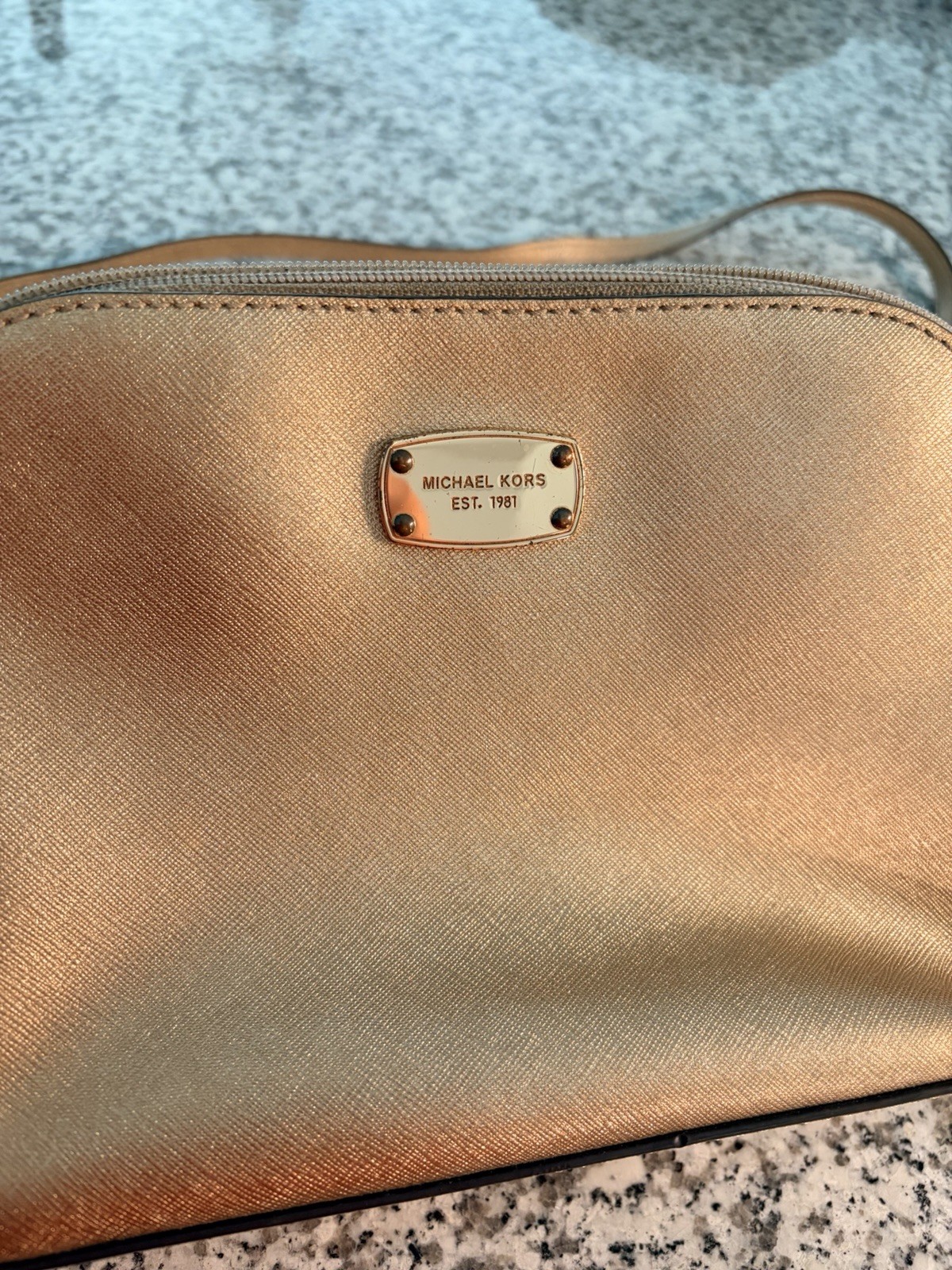 Michael Kors Rose Gold Metallic Small Crossbody Bag Zip Logo Detachable Strap