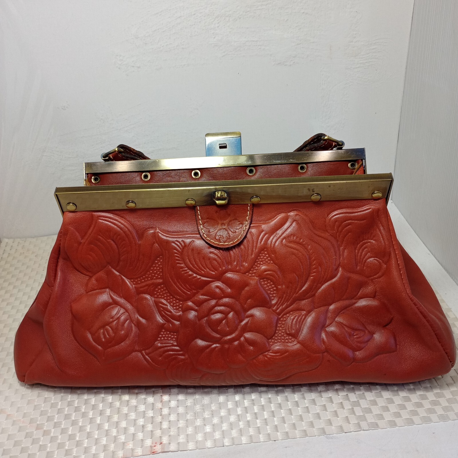 Patricia Nash Floral Embossed Cognac Leather bag Medium Brass Bottom Studs EUC