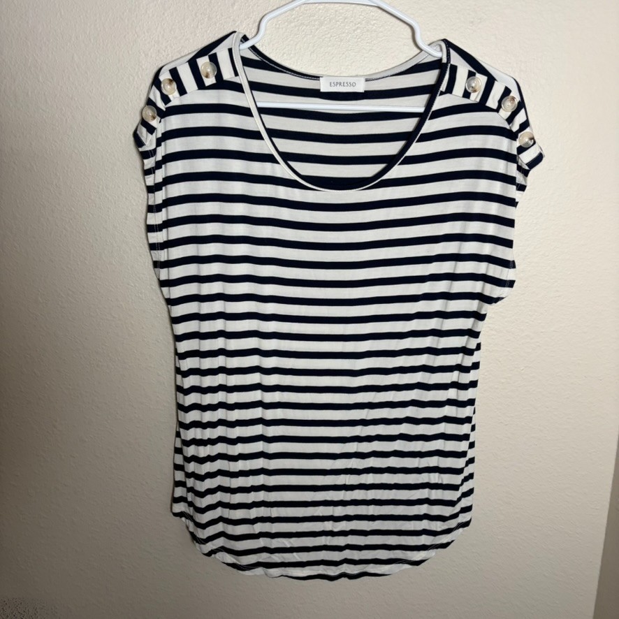 Espresso Blouse Women’s Medium Striped Round Neck Cap Sleeve Casual T-Shirt Top