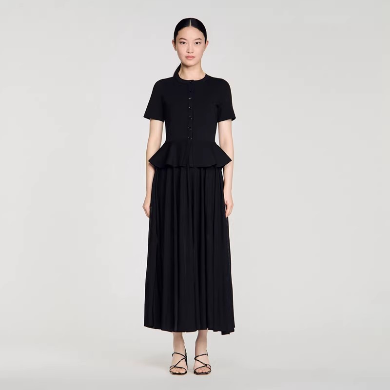 NEW Sandro Two fakes Pleated Ruffled edge black Knitted Dresses Women’s