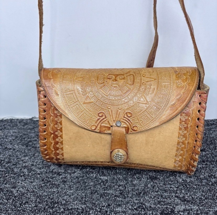 Vintage Mexican Hand Tooled Leather Crossbody Bag Aztec Sun Stone Eagle Warrior