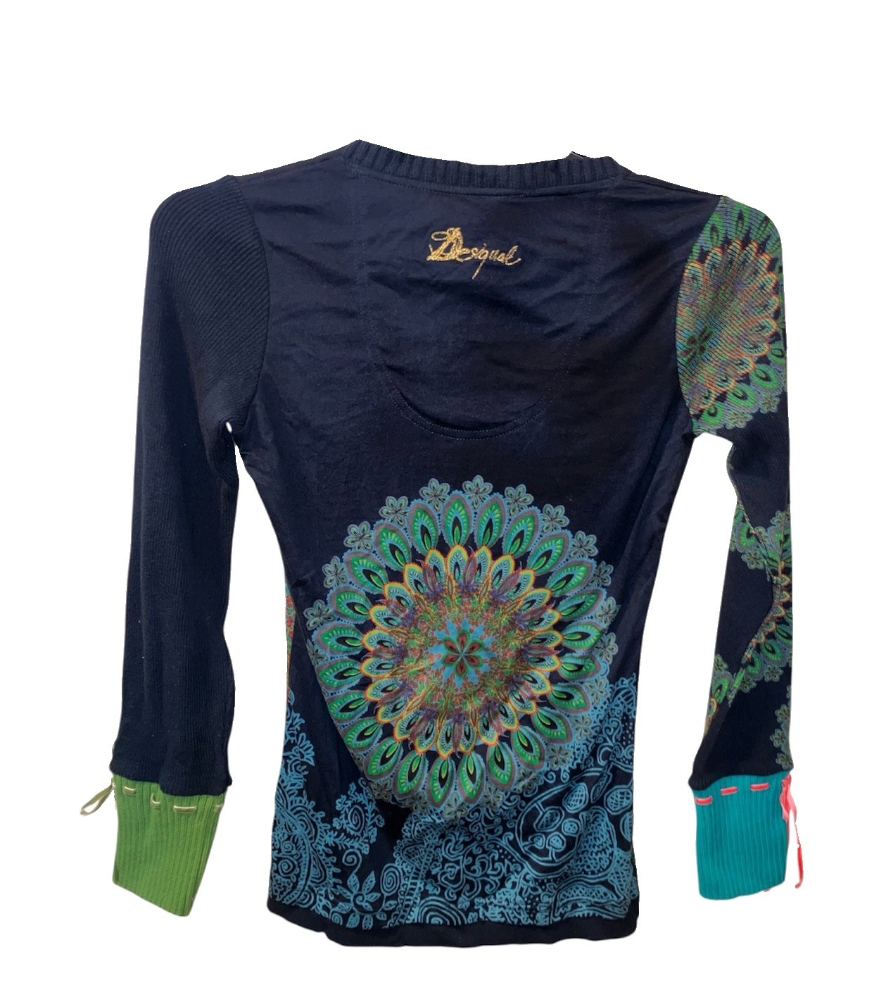 Desigual Top Peacock Mandala Long Sleeve Size S Beaded Sweater Maximalist VTG