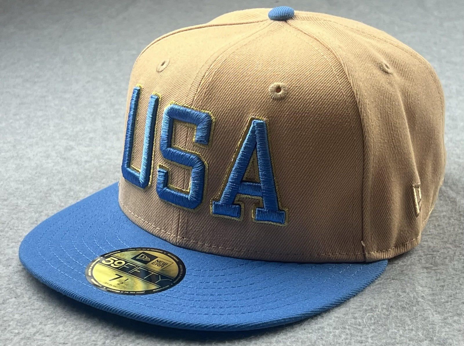 New Era USA 59FIFTY Fitted Hat Size 7 1/2 Khaki/Blue/Gold Hat New