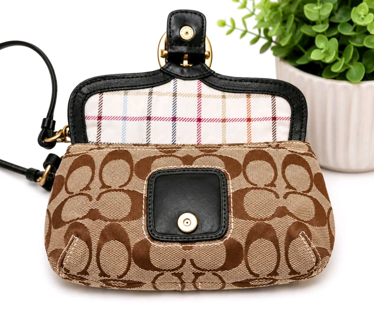 Vtg Coach Bleecker Legacy Signature Jacquard & Leather Tattersall Wristlet NWOT