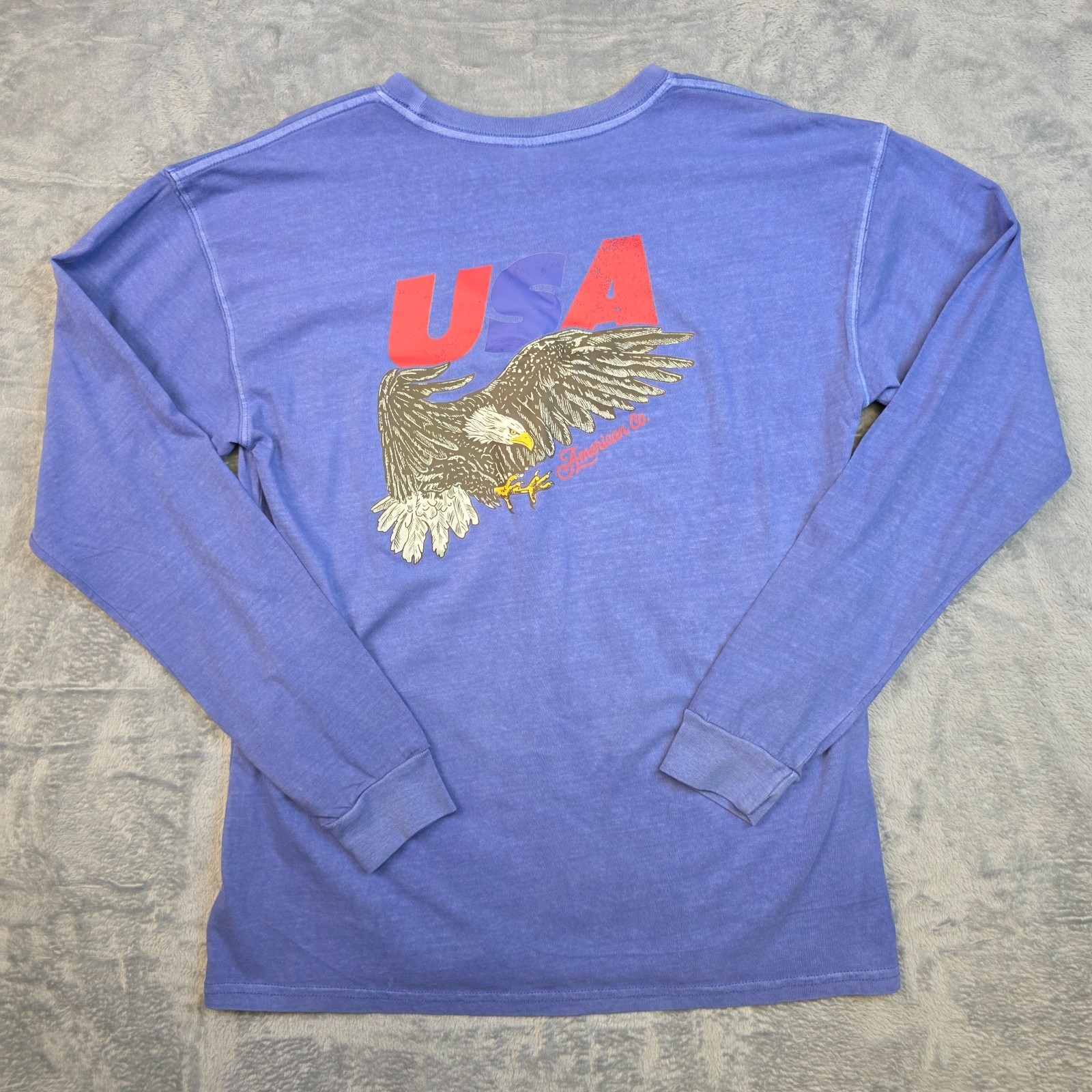 nwot STATE COMPANY Cotton LS Crewneck T-Shirt Men’s MEDIUM M Blue USA BALD EAGLE