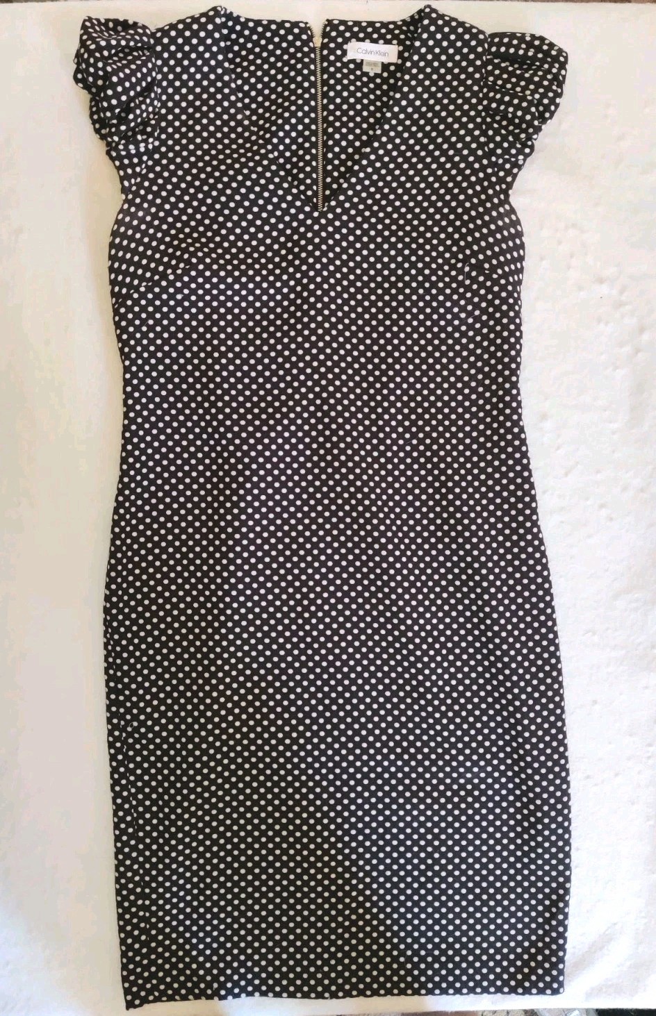 Calvin Klein Sheath Dress Black/White Polka Dot Puff Cap Sleeve Size 8