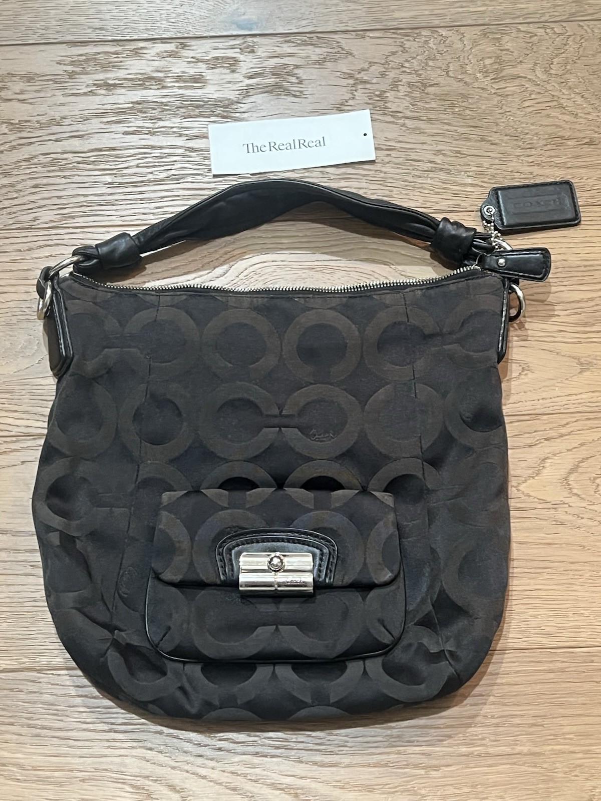 Vintage Coach Black Signature Logo Shoulder Bag Zip Silver Hardware