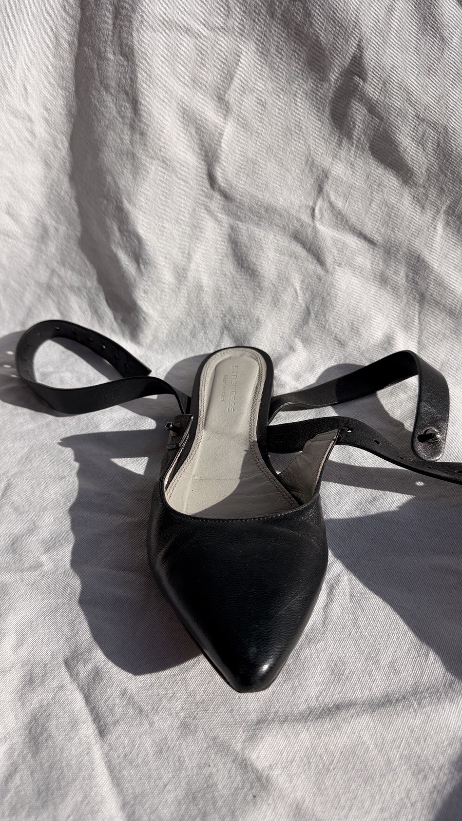 Vintage Black Leather Flats Ankle Wrap Slingback Pointy Toe by Strenesse 38