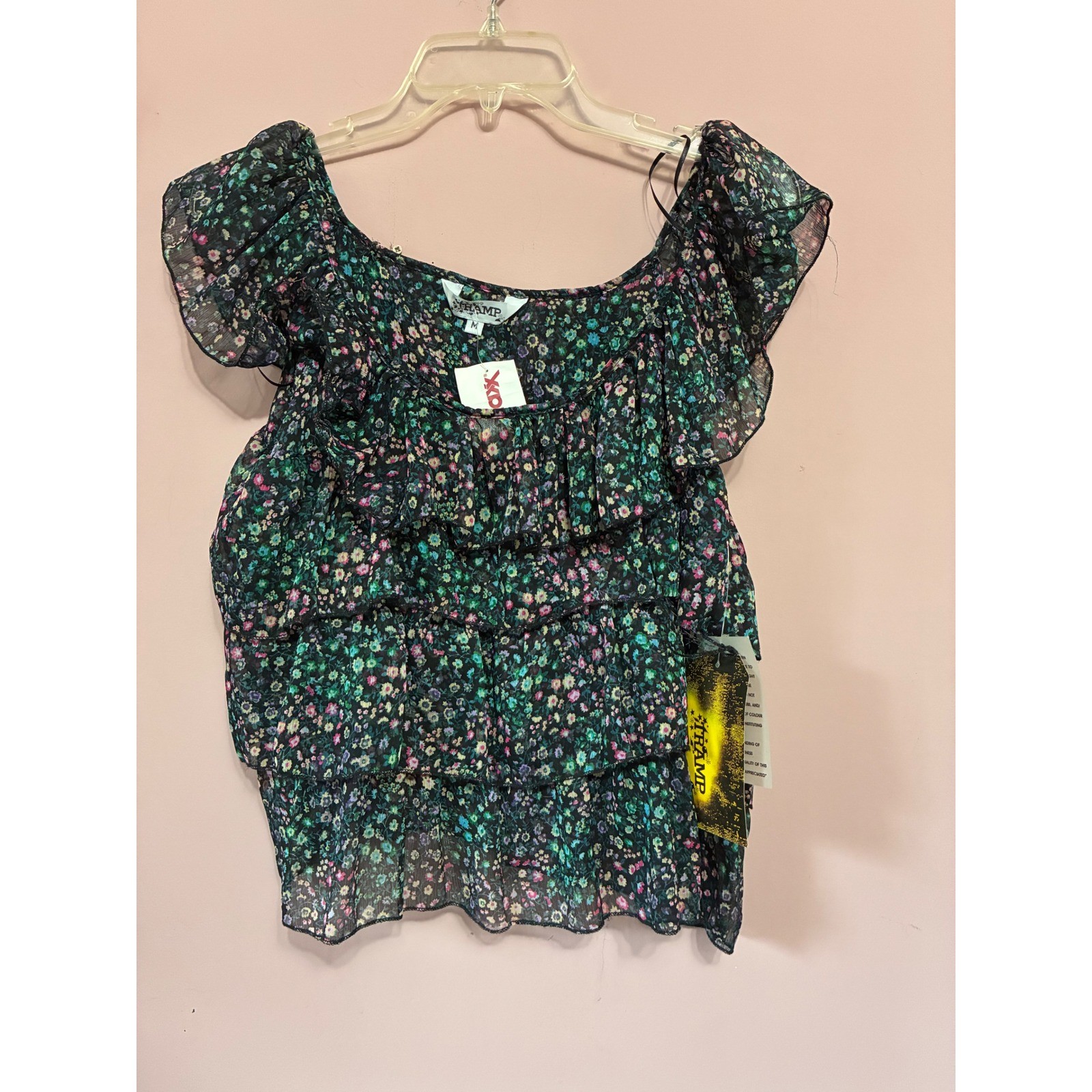 Tramp Floral Tiered Ruffle Top Womens Medium y2k Chiffon Boho Blouse NWT