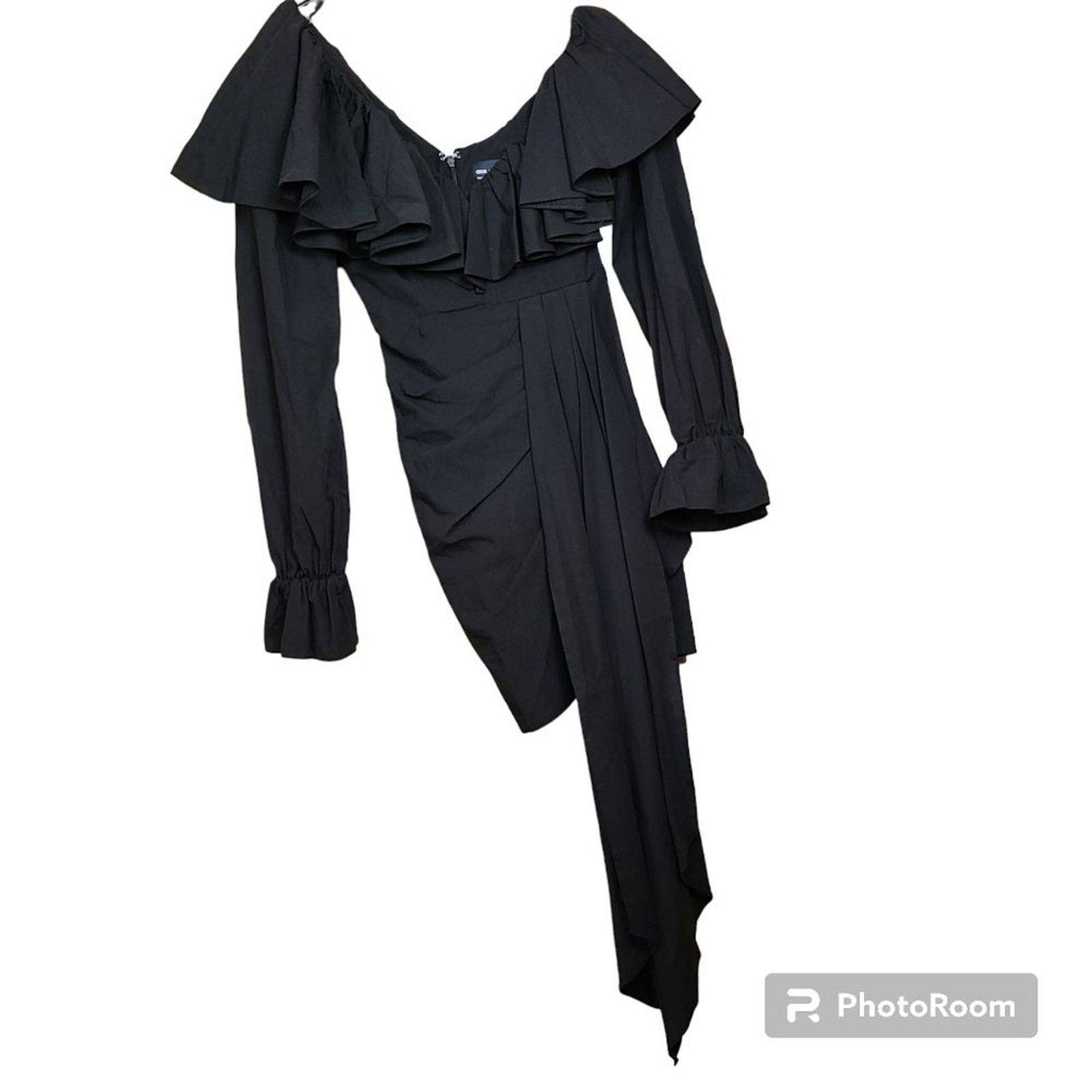 NWT ASOS LUXE Size 0 Black Ruffled Off the Shoulder Ruched Bodycon Mini Dress