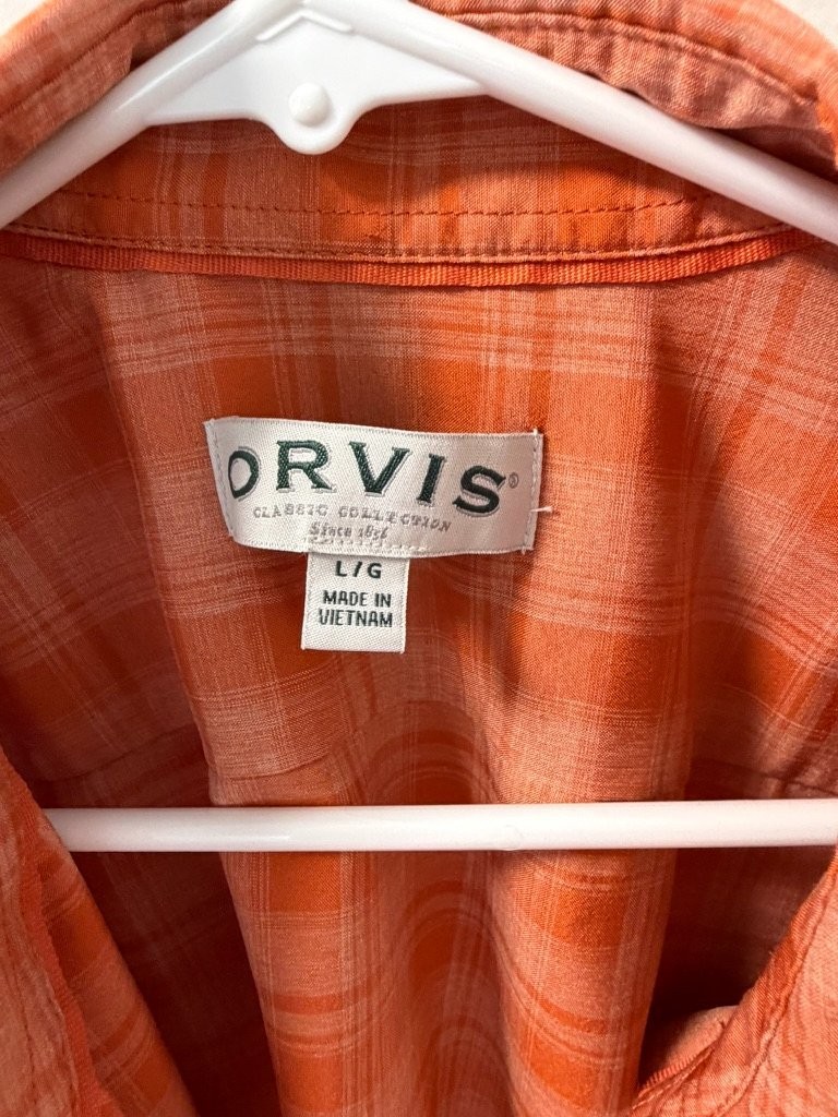 Orvis Classic Collection Mens L Button Down Shirt Orange Plaid 1494392 Used