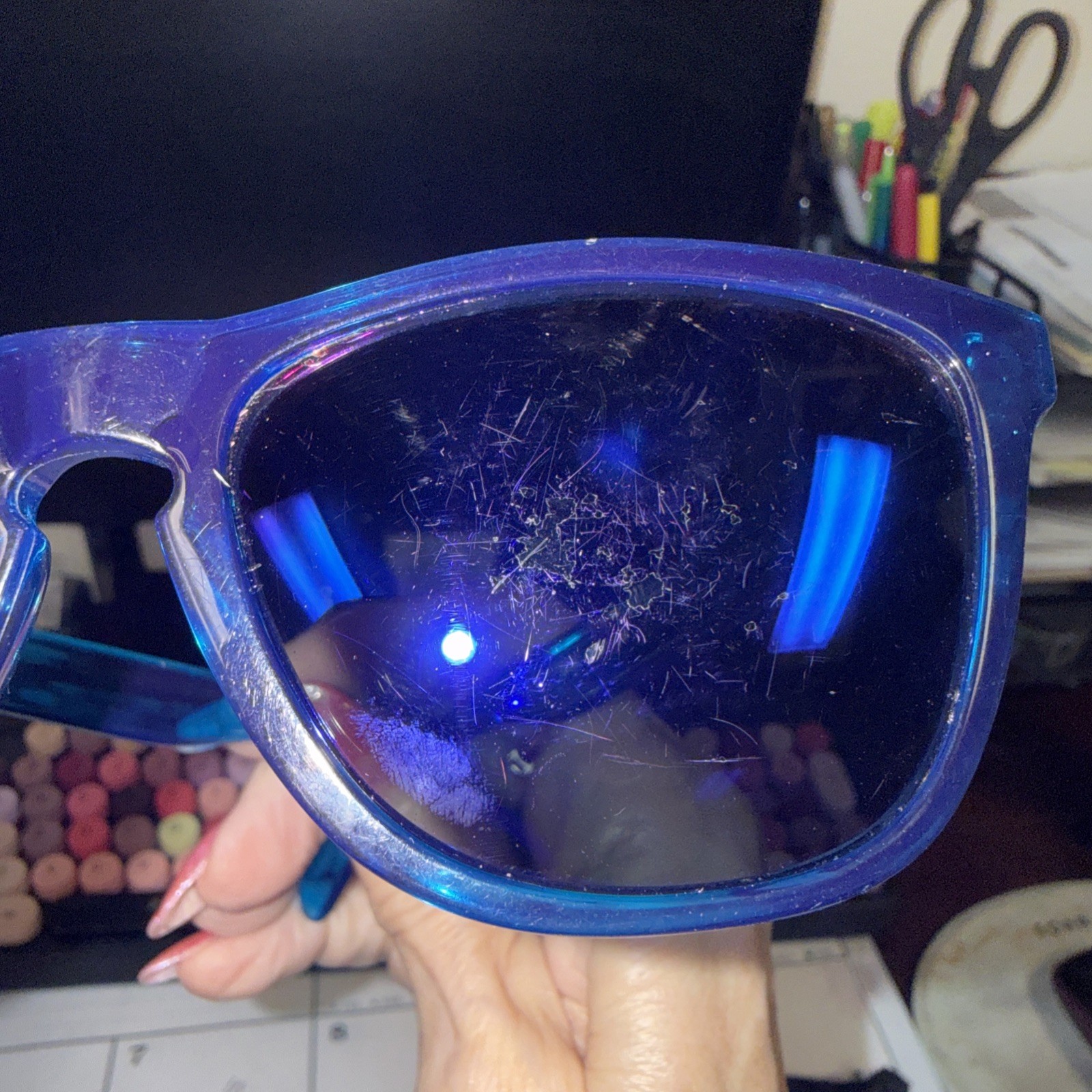 Used Oakley Frogskins BLUE FRAME Sunglasses model 24-356 lens have scratches.