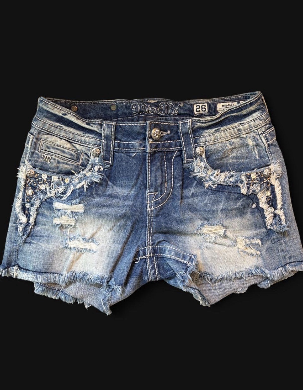 Miss Me Women’s Denim Shorts, Size 26, Blue, Embroidered Y2K
