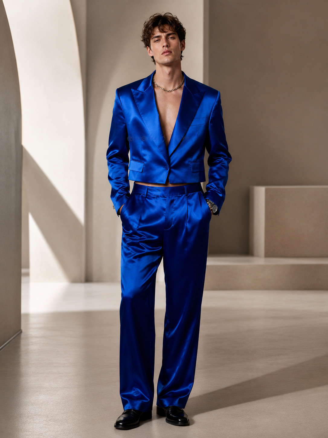 Mens Cobalt Blue Satin 2 Piece Suit Cropped Jacket Wide Leg Pants Wedding Prom