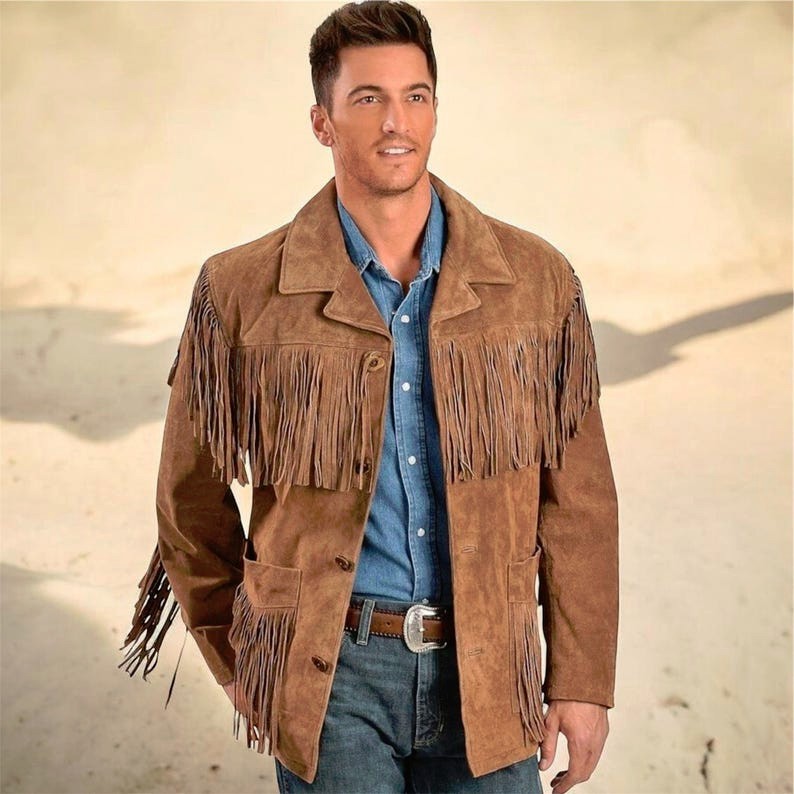 Men’s Western Cowboy Suede Fringe Leather Jacket Native American Style