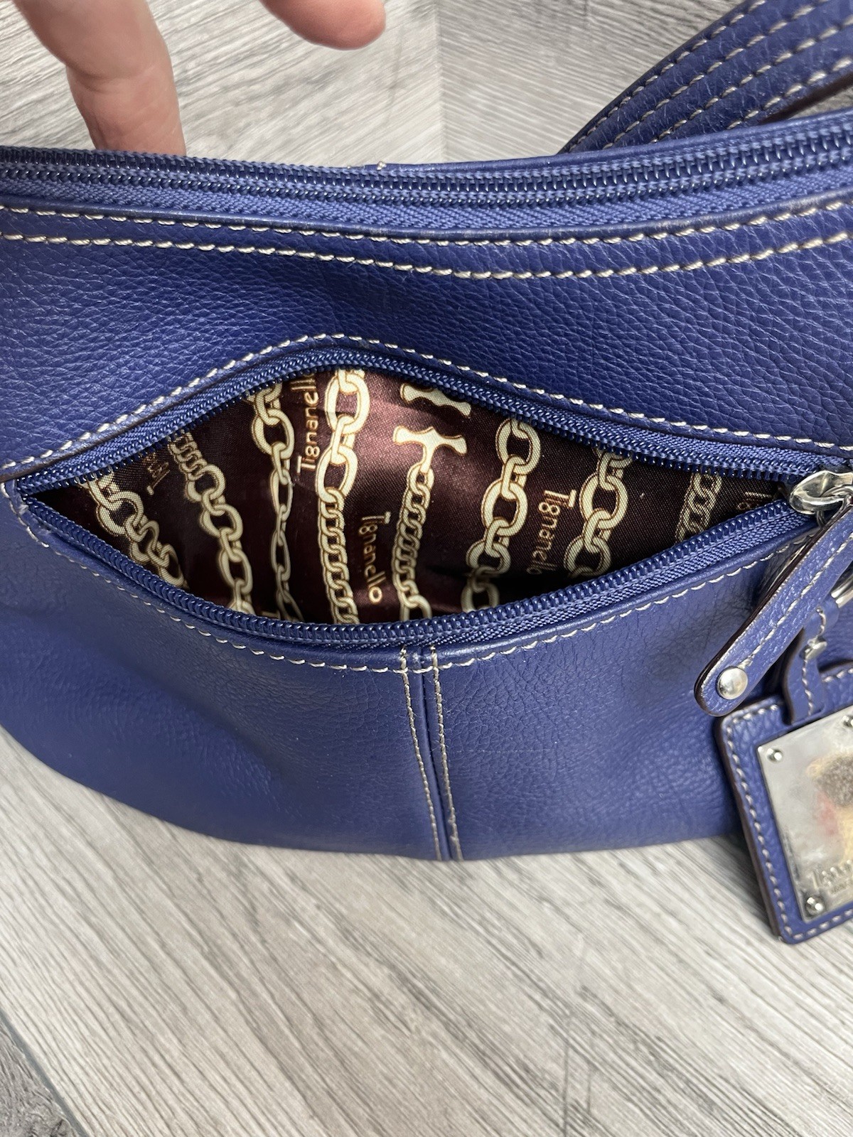 Navy Blue Leathe Shoulder Bag By Tignanello