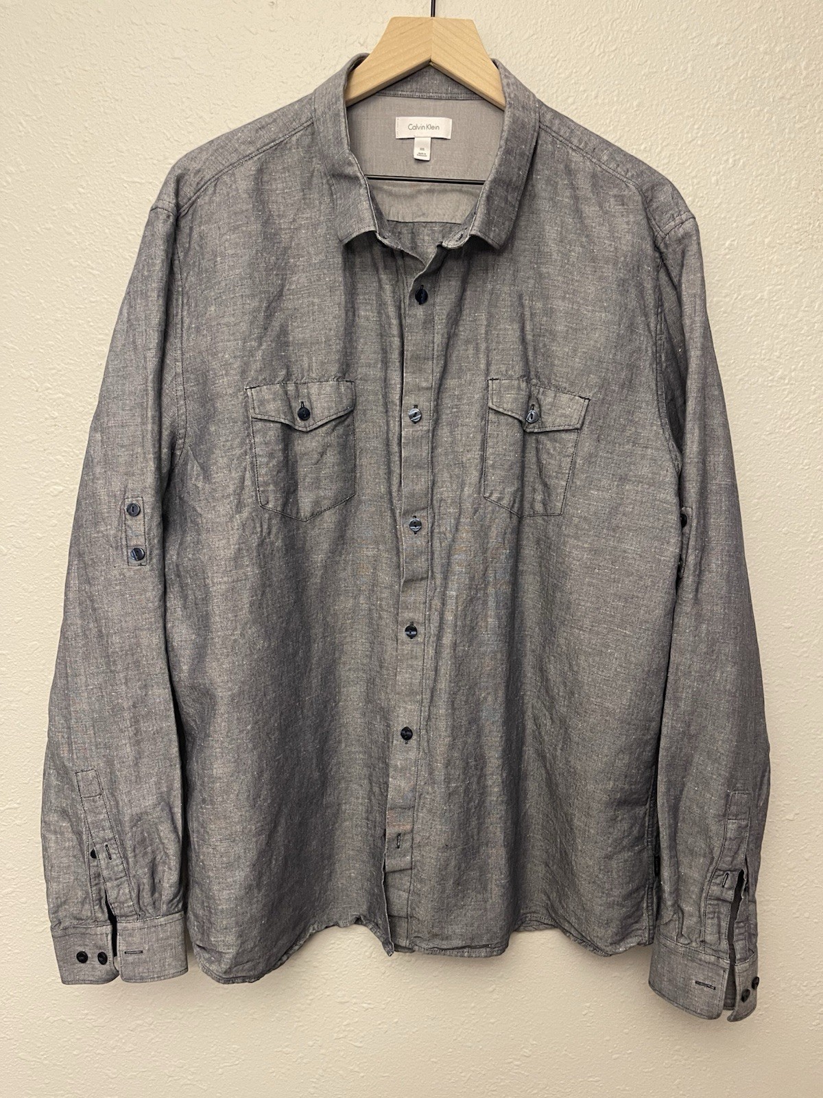 Calvin Klein Charcoal Linen Blend Roll-Up Sleeves Button-Down XXL