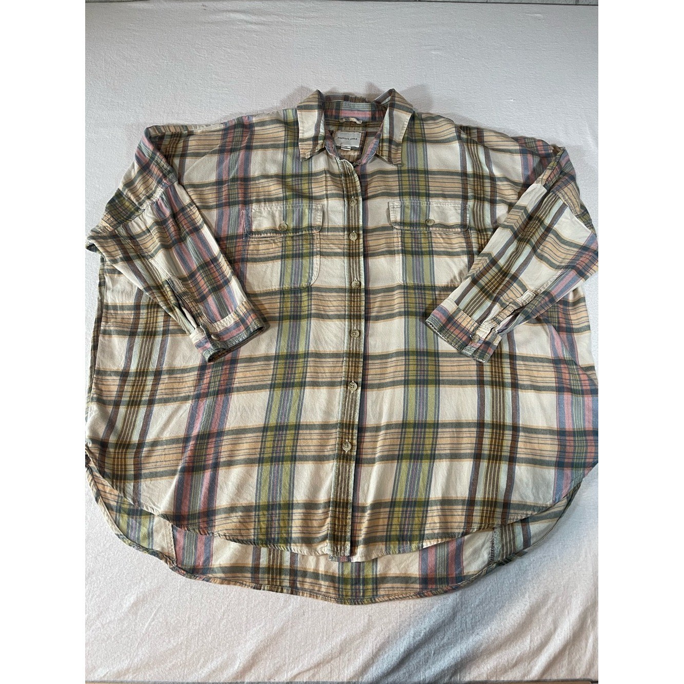 American Eagle Oversized Plaid Button-Up Shirt in Cream, Olive & Pink