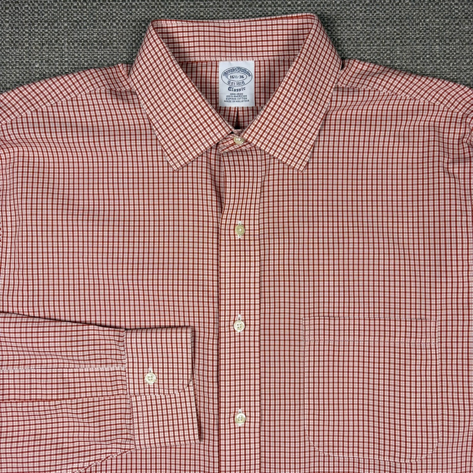 Brooks Brothers Mens Shirt 16.5 16 1/2 36 Long Sleeve White Red Plaid Cotton New