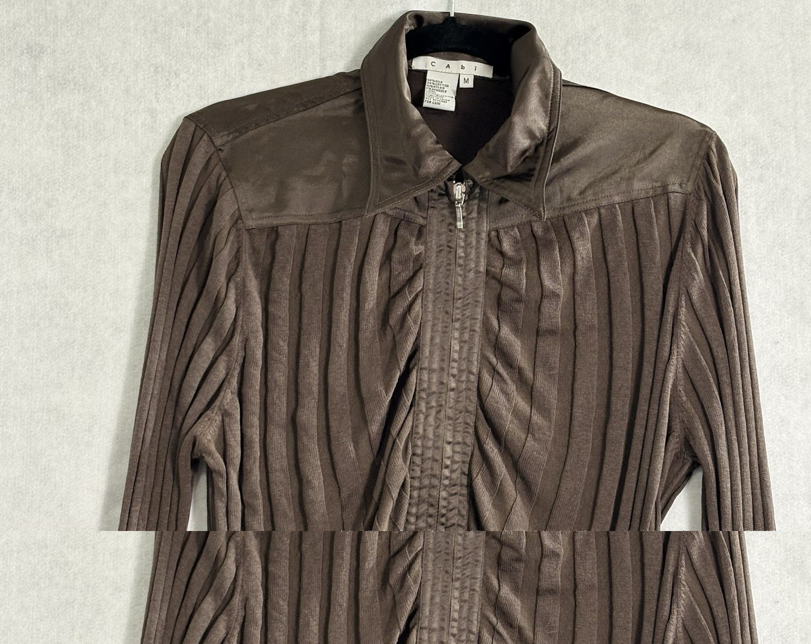 CABI Women Navigator Ribbed Silk Blend Slim Full Zip Cardigan Sz M Brown hb-33