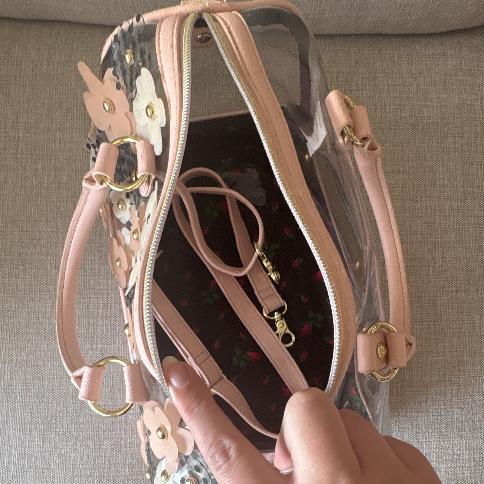 Betsey Johnson Clear Pink Floral Sequin 3D Flower Satchel Top Handle Det Strap