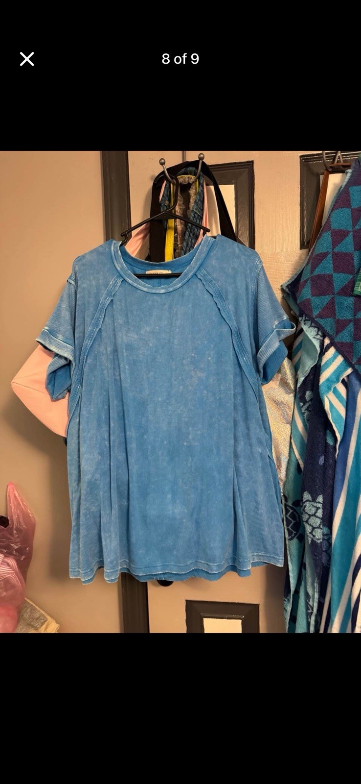 Zenana Blue Solid Knit Crew Neck Short Sleeve Pullover T-Shirt Women L/XL