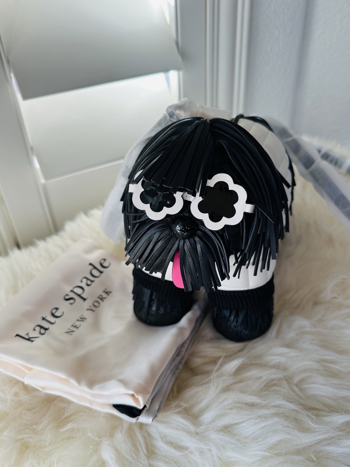 NWT AUTH $598 Kate Spade New York Shaggy Fringed 3d Dog Crossbody Bag In Multi