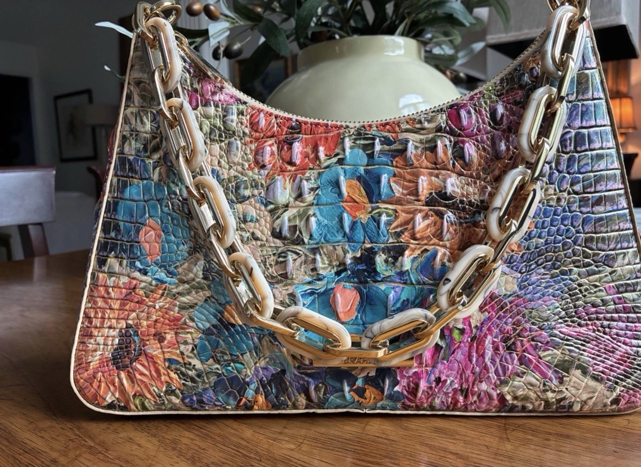 Brahmin Multicolor Floral Embossed Women’s Shoulder Bag Gold Chain Strap Zip